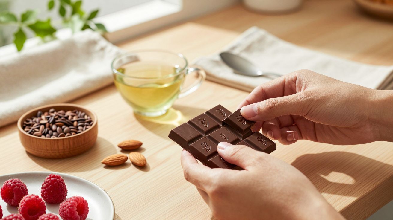 Mãos segurando chocolate sobre mesa com amêndoas, framboesas, chá verde e grãos de café ao fundo.