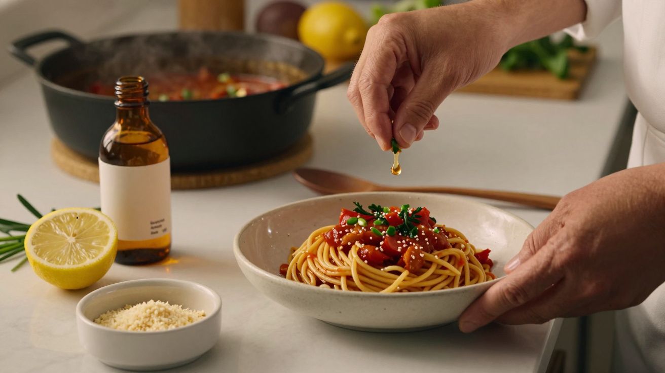 Mão tempera esparguete com molho de tomate e ervas. Limão, queijo ralado e tacho ao fundo sobre bancada branca.