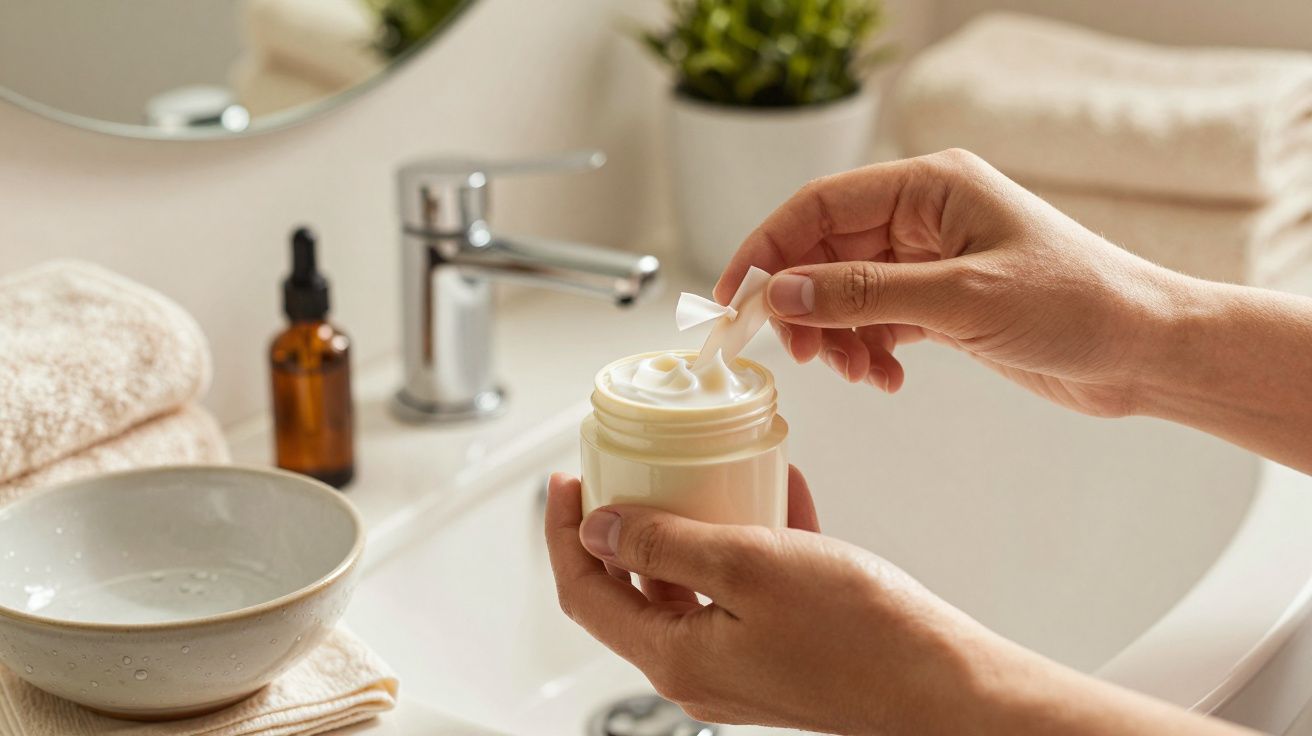 Mãos aplicam creme de um frasco no lavatório da casa de banho, com toalhas e produtos ao fundo.