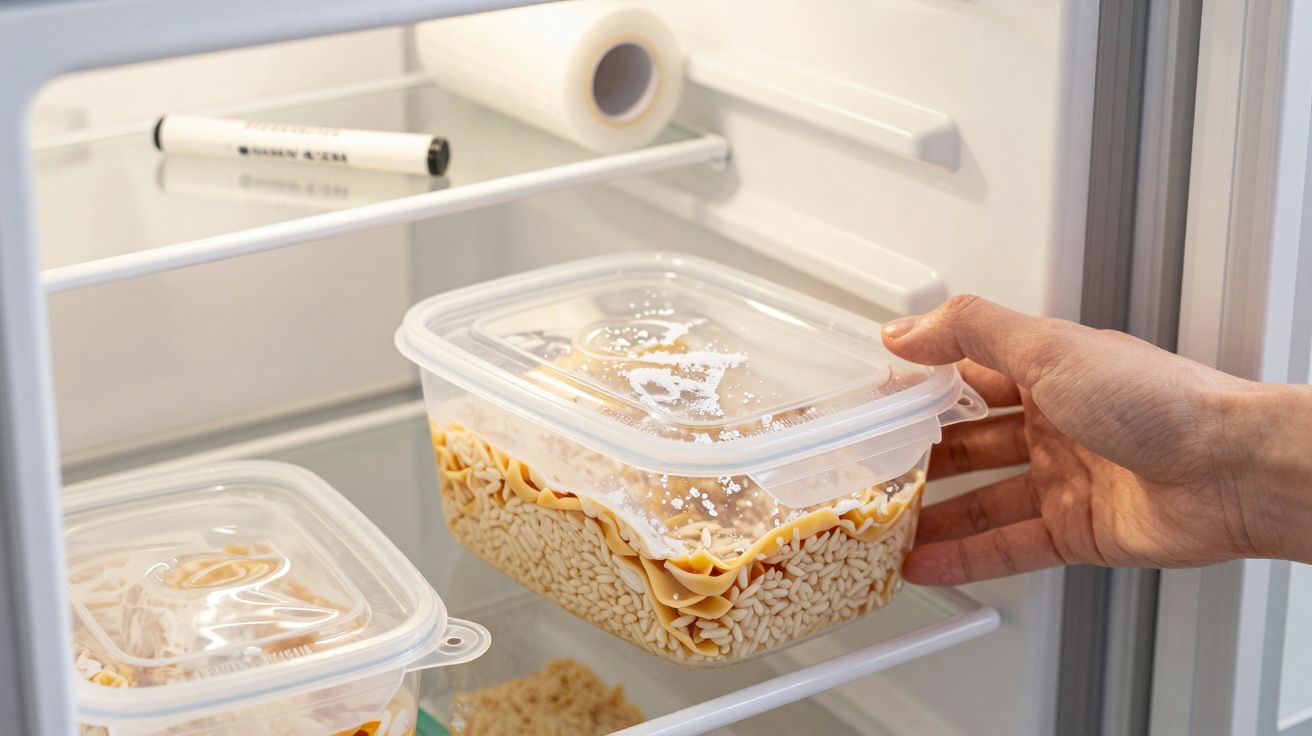 Pessoa a guardar um recipiente de plástico com massa cozida no frigorífico.