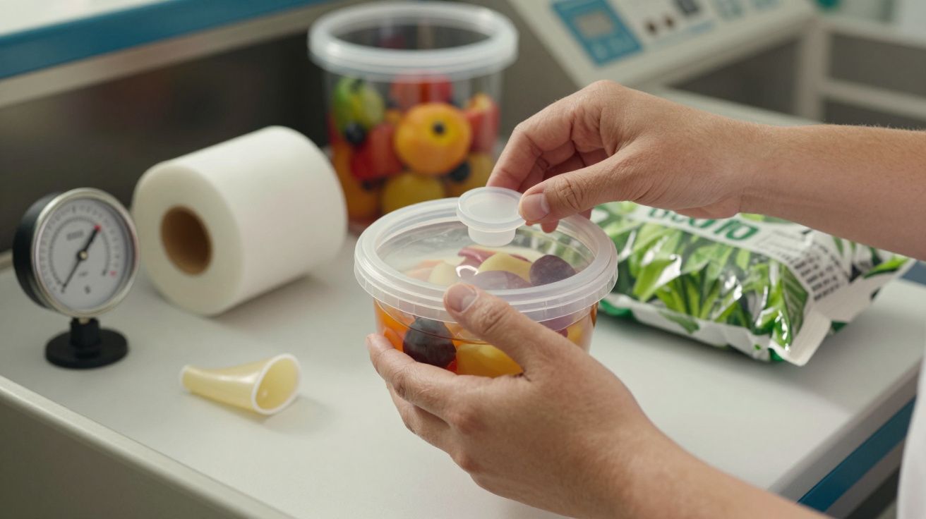 Pessoa fecha um recipiente de plástico com fruta, junto a máquina seladora e saco de vegetais embalados.