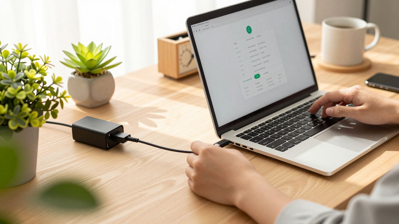 Pessoa a trabalhar num portátil numa secretária de madeira, com plantas, chávena e carregador.