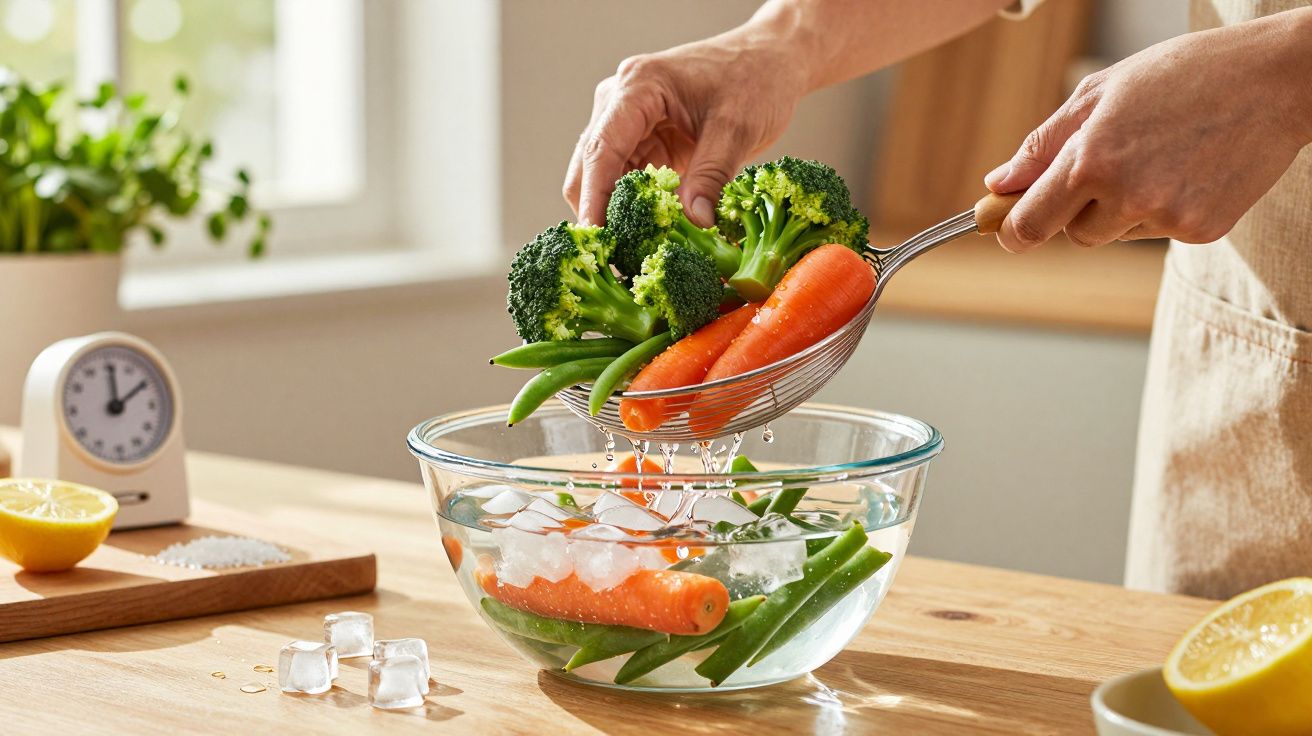 Mãos colocando legumes cozidos numa tigela com água e gelo sobre uma mesa de cozinha iluminada.