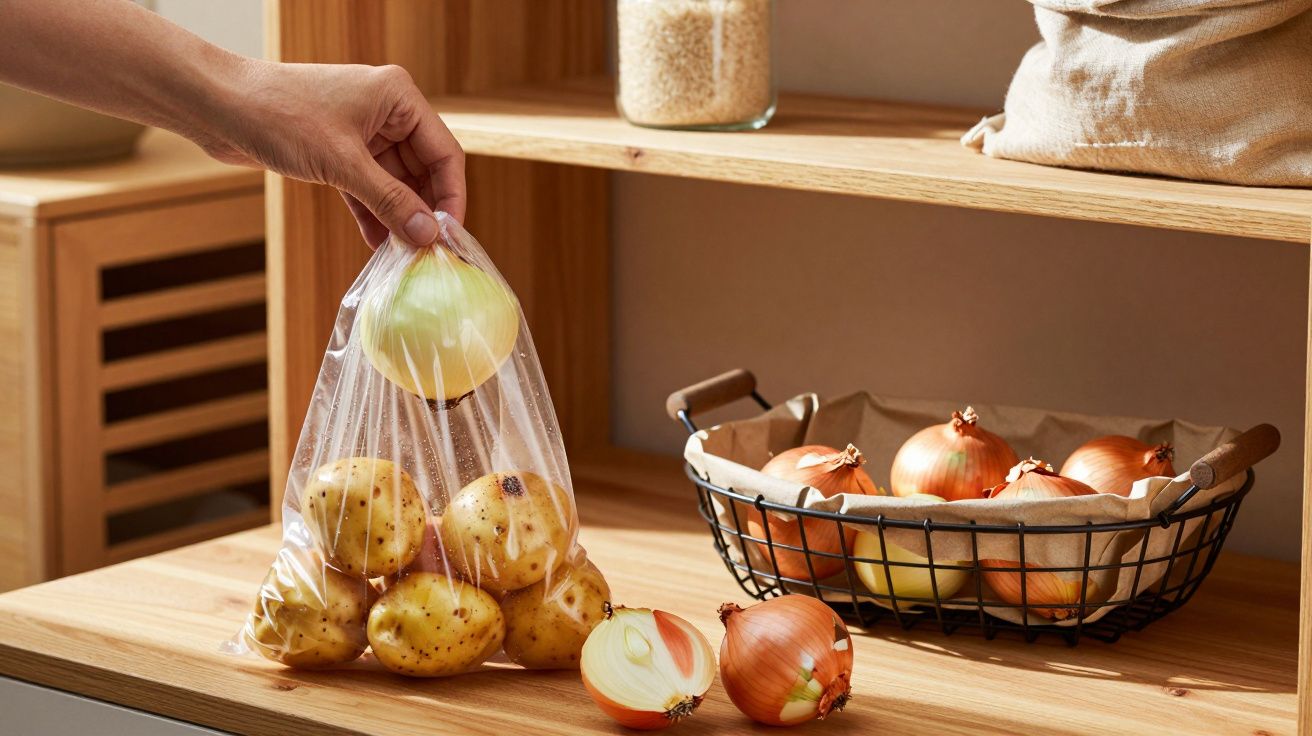 Mão segura saco plástico com batatas e uma cebola, ao lado de um cesto com cebolas numa prateleira de madeira.