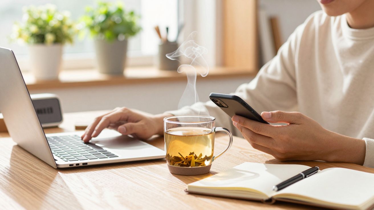 Pessoa a trabalhar num portátil, a segurar um telemóvel, com chá fumegante e caderno sobre a mesa.