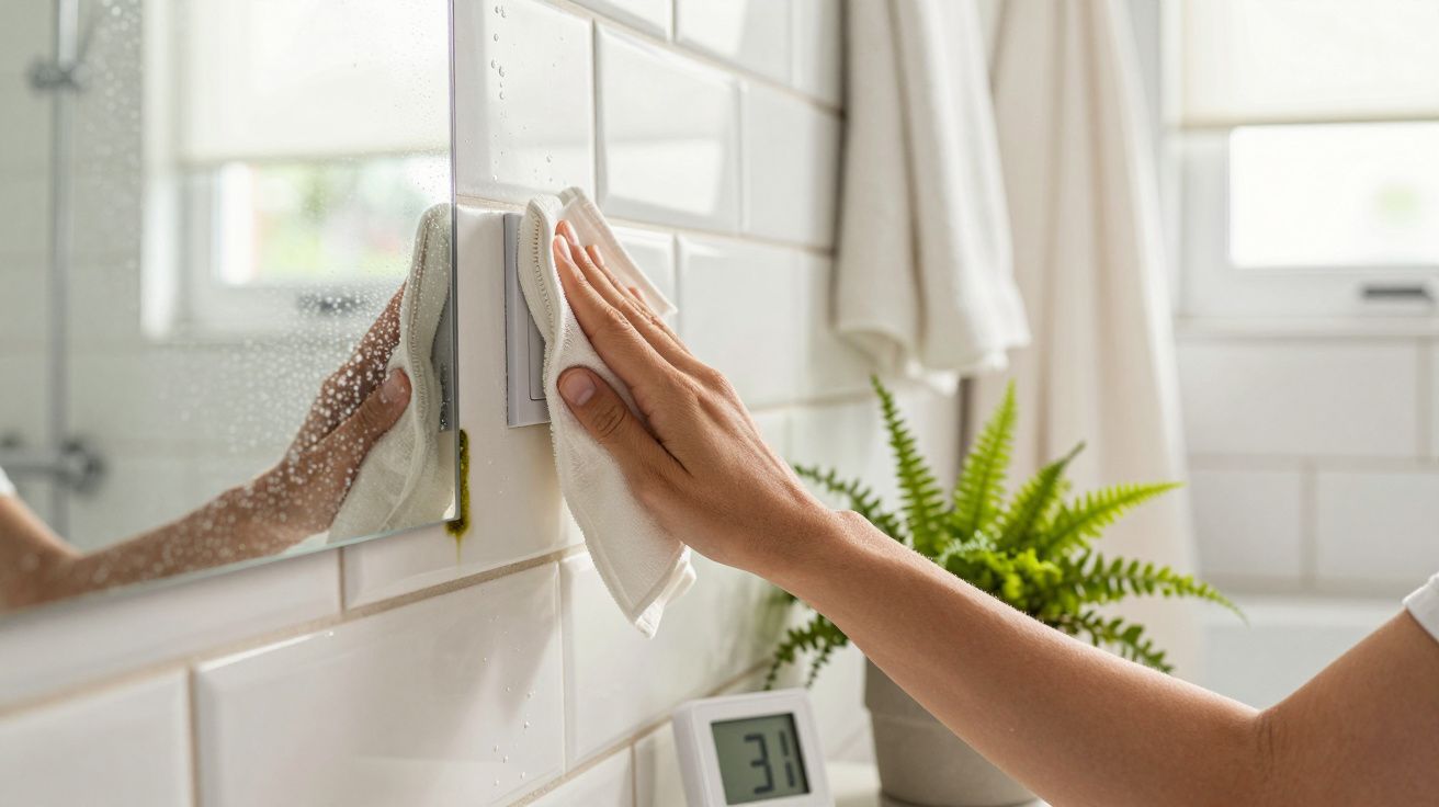 Mão a limpar um espelho de casa de banho com pano, planta verde e toalhas ao fundo.