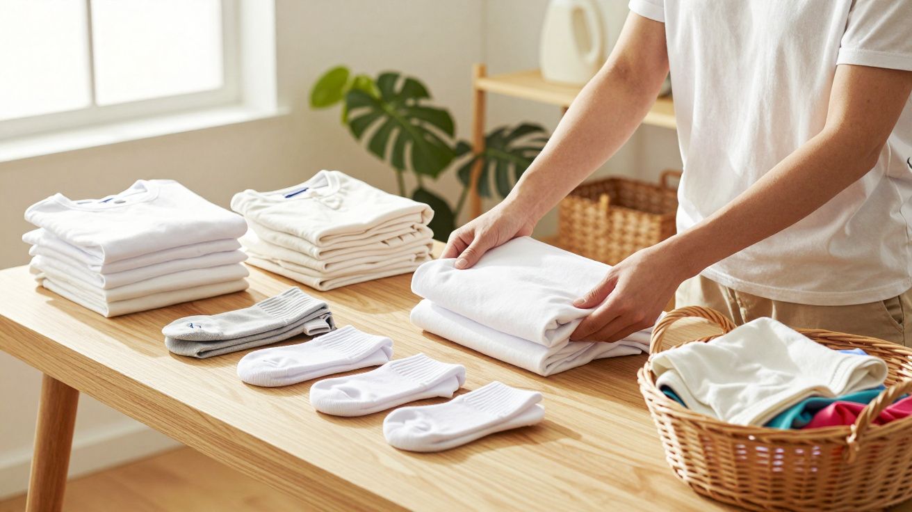 Pessoa a dobrar roupa branca numa mesa de madeira, ao lado de meias e cestos de lavanderia.