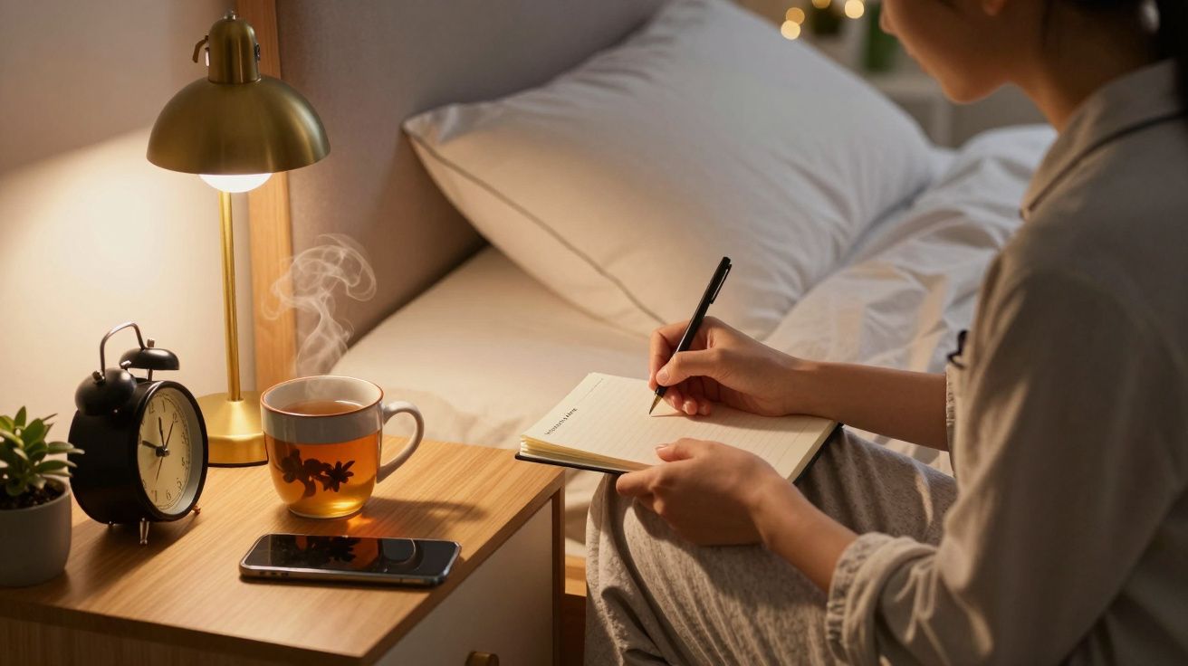 Pessoa escreve num caderno à noite, com chá fumegante ao lado, despertador, telemóvel e candeeiro sobre a mesa de cabeceira.