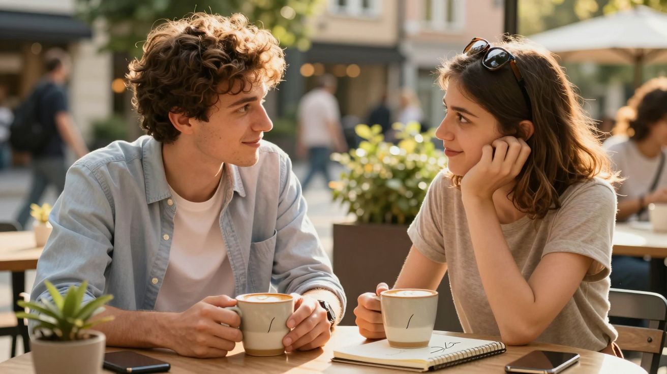 Dois jovens a conversar amigavelmente numa esplanada, segurando chávenas de café, ao ar livre e ensolarado.
