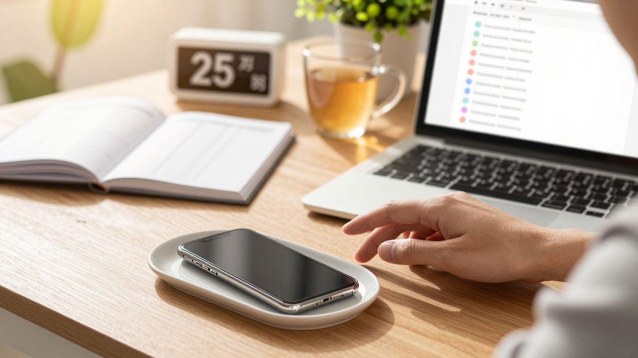 Pessoa a trabalhar num escritório com portátil, chávena de chá, smartphone sobre um carregador e livro aberto.