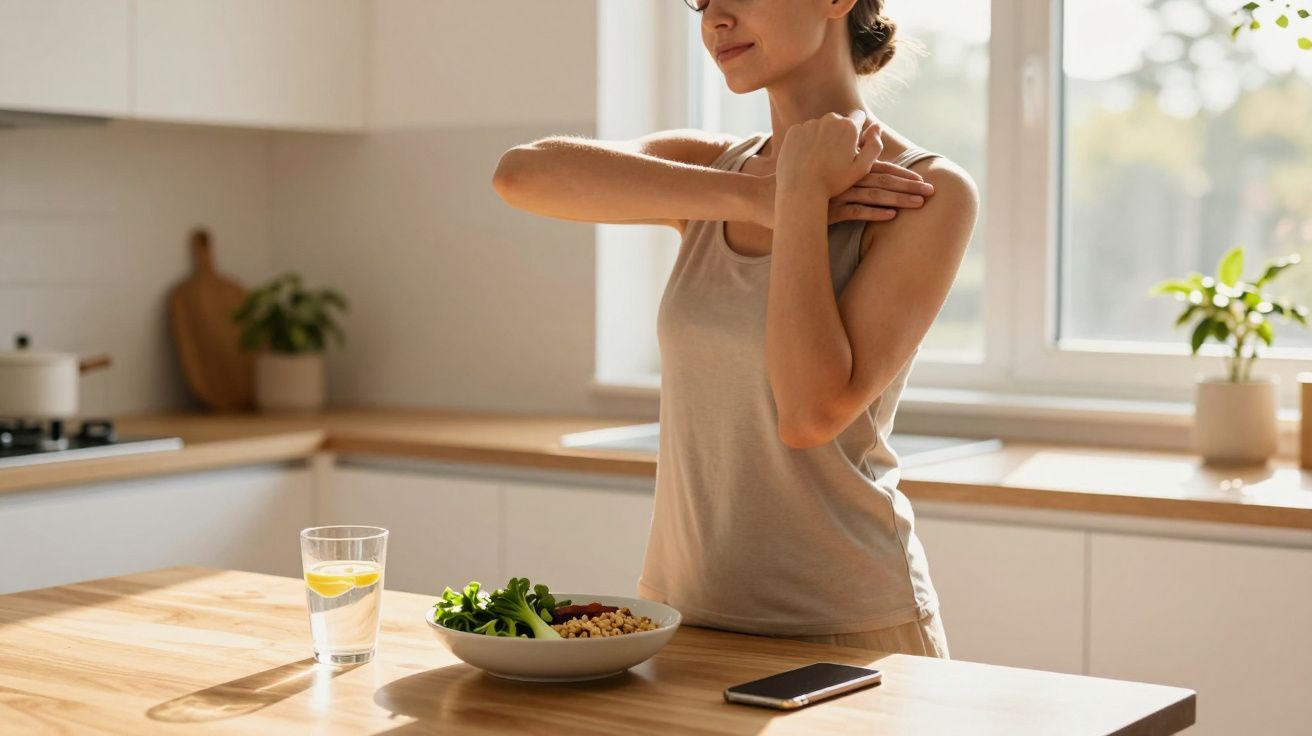 Mulher fazendo alongamento no ombro numa cozinha, ao lado de uma tigela com vegetais e um copo de água com limão.