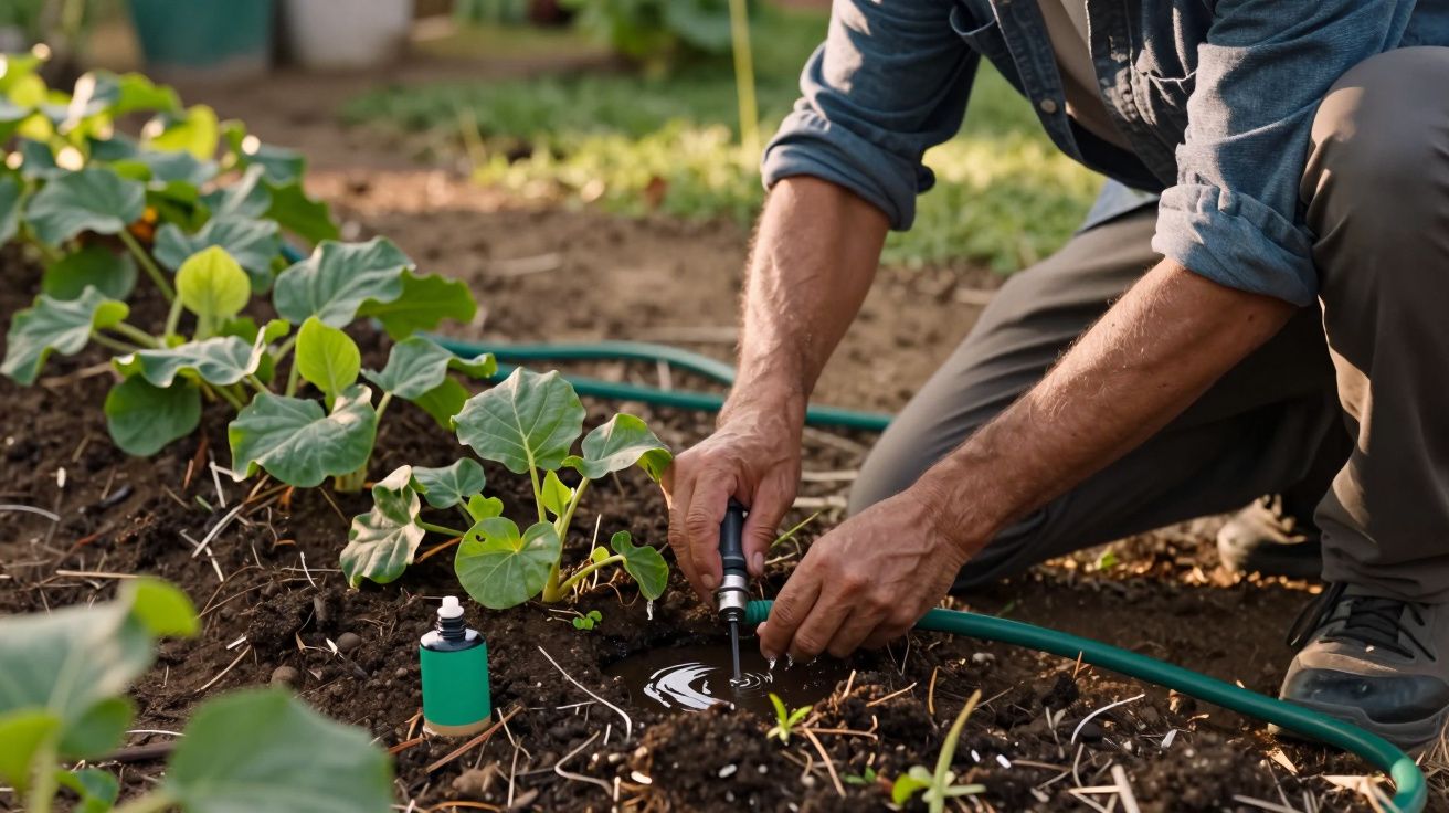 Homem ajusta mangueira de irrigação em horta com plantas verdes, num dia ensolarado.