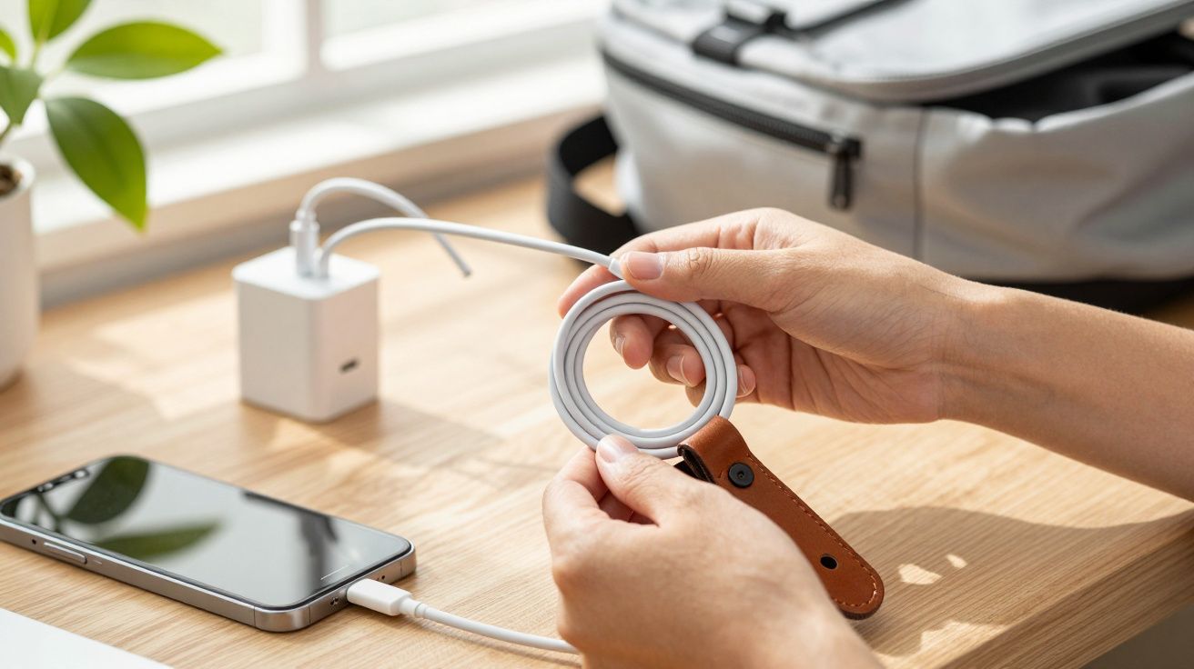 Mãos segurando cabo USB enrolado. Smartphone e carregador na mesa de madeira. Bolsa cinza ao fundo.