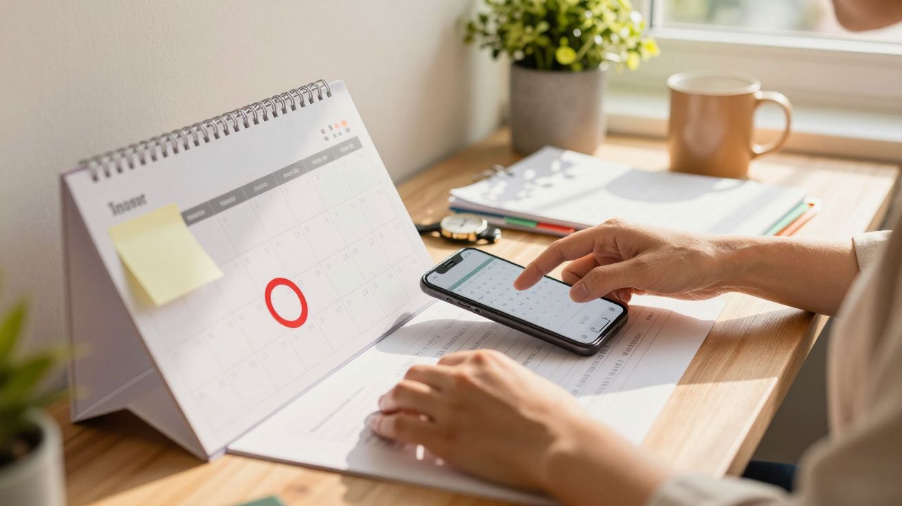 Pessoa agendando em smartphone junto a calendário de mesa com data assinalada, numa secretária iluminada por sol.