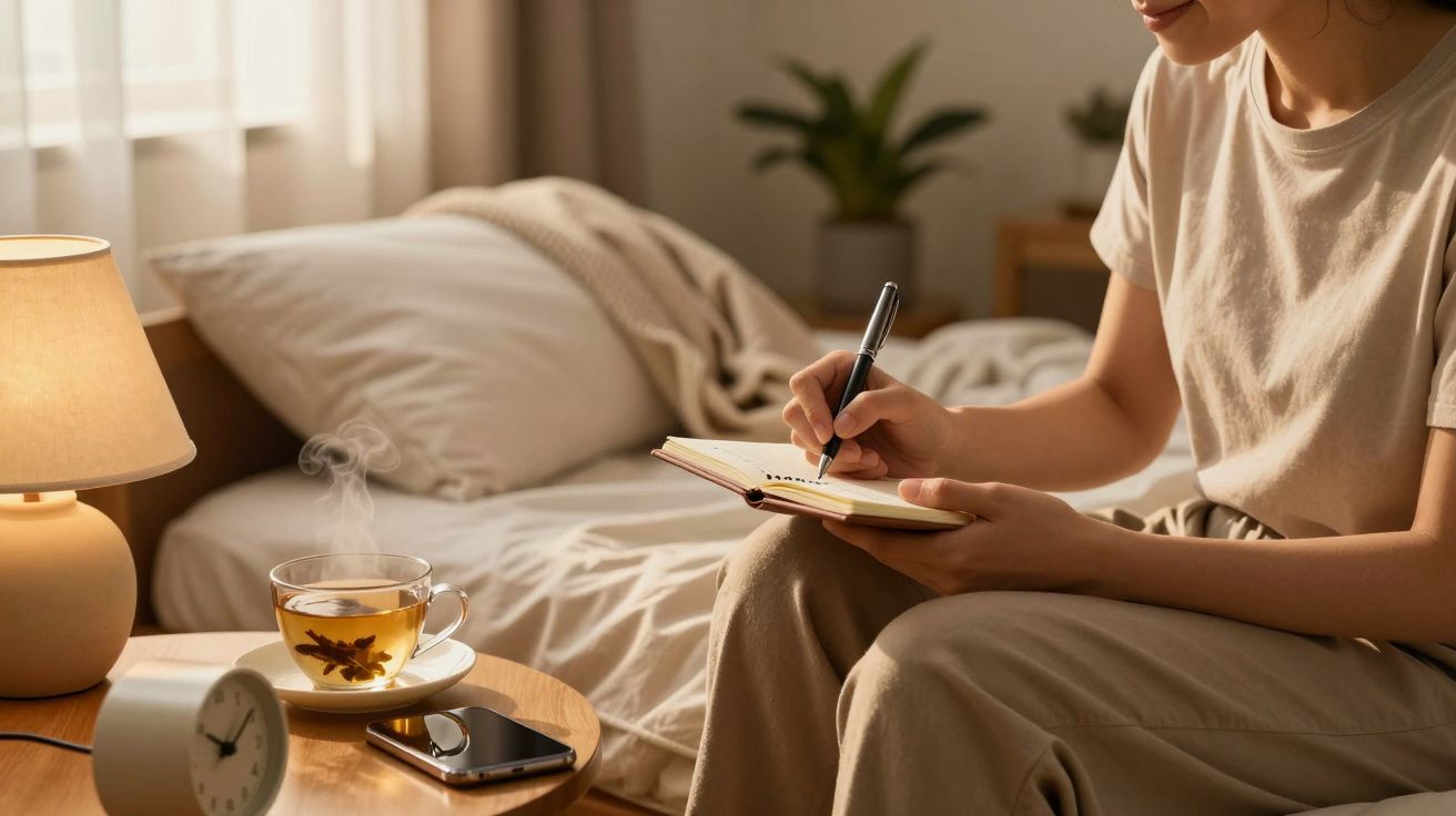 Pessoa sentada na cama a escrever num caderno, com chá, smartphone e abajur na mesa ao lado.