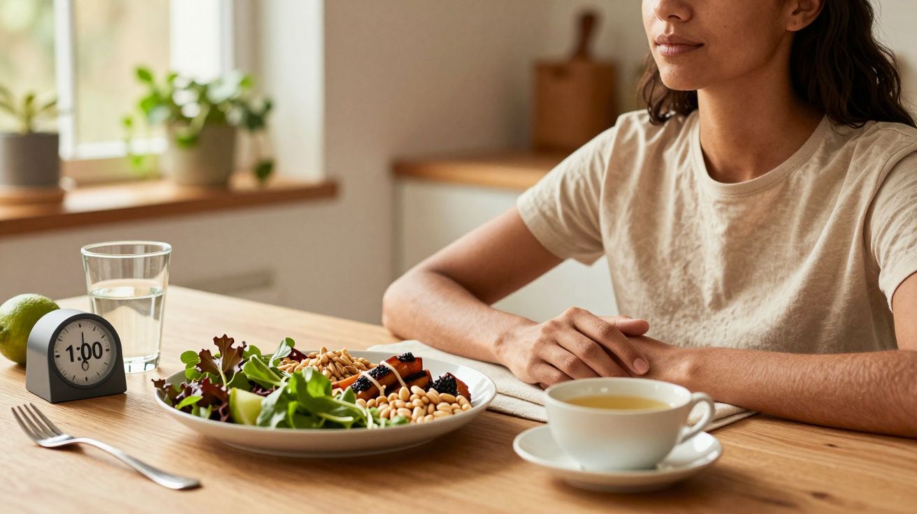 Mulher sentada à mesa com prato de salada, chá e copo de água. Relógio de contagem regressiva mostra 1:00.