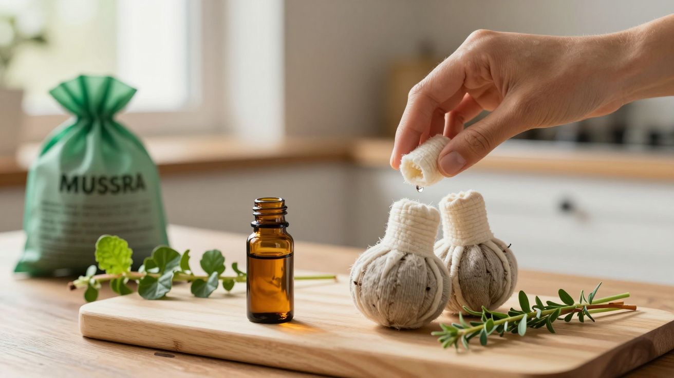 Mão segurando um bloco de ervas, frasco âmbar e acessórios de spa em tábua de madeira, fundo de cozinha desfocado.