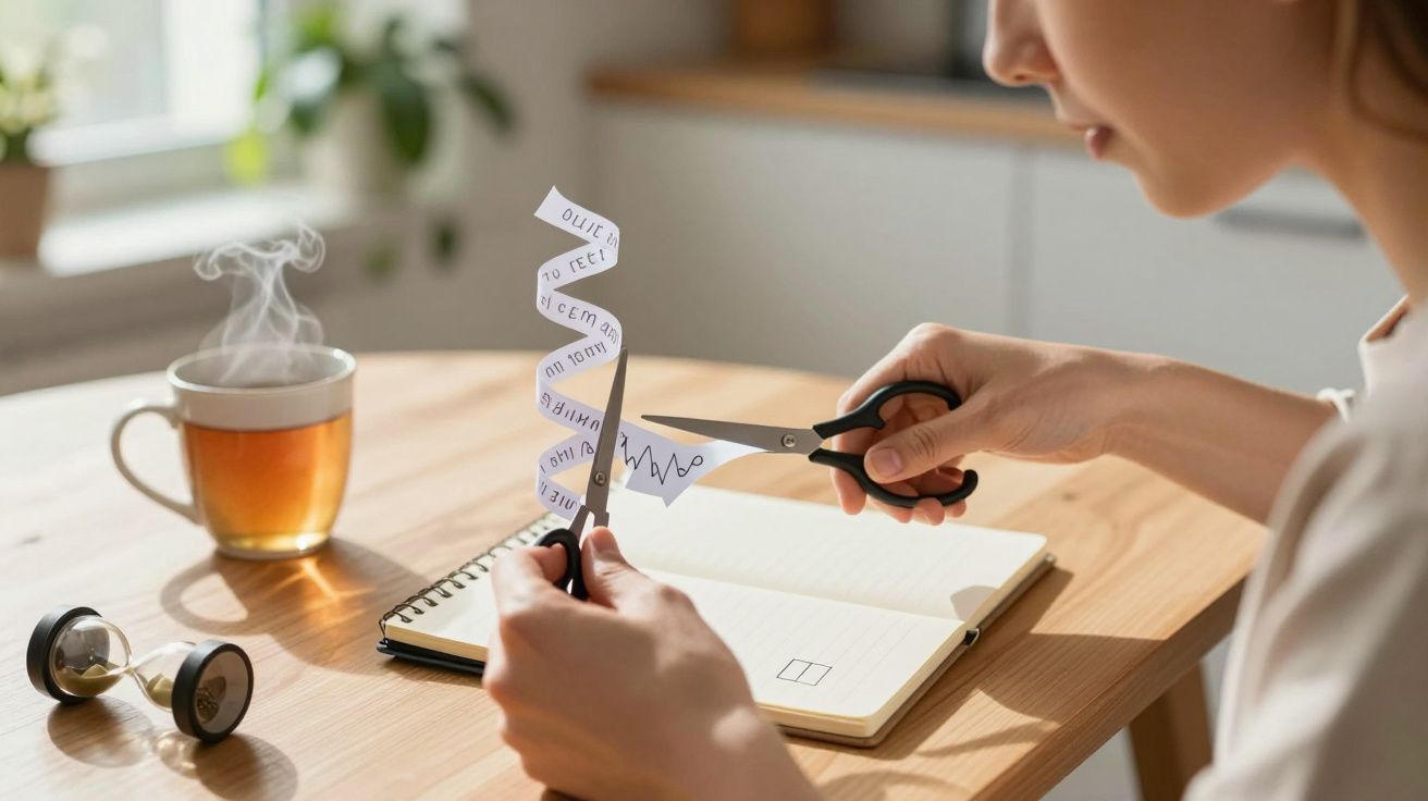 Pessoa corta papel com mensagens, perto de um caderno e uma chávena de chá na mesa.