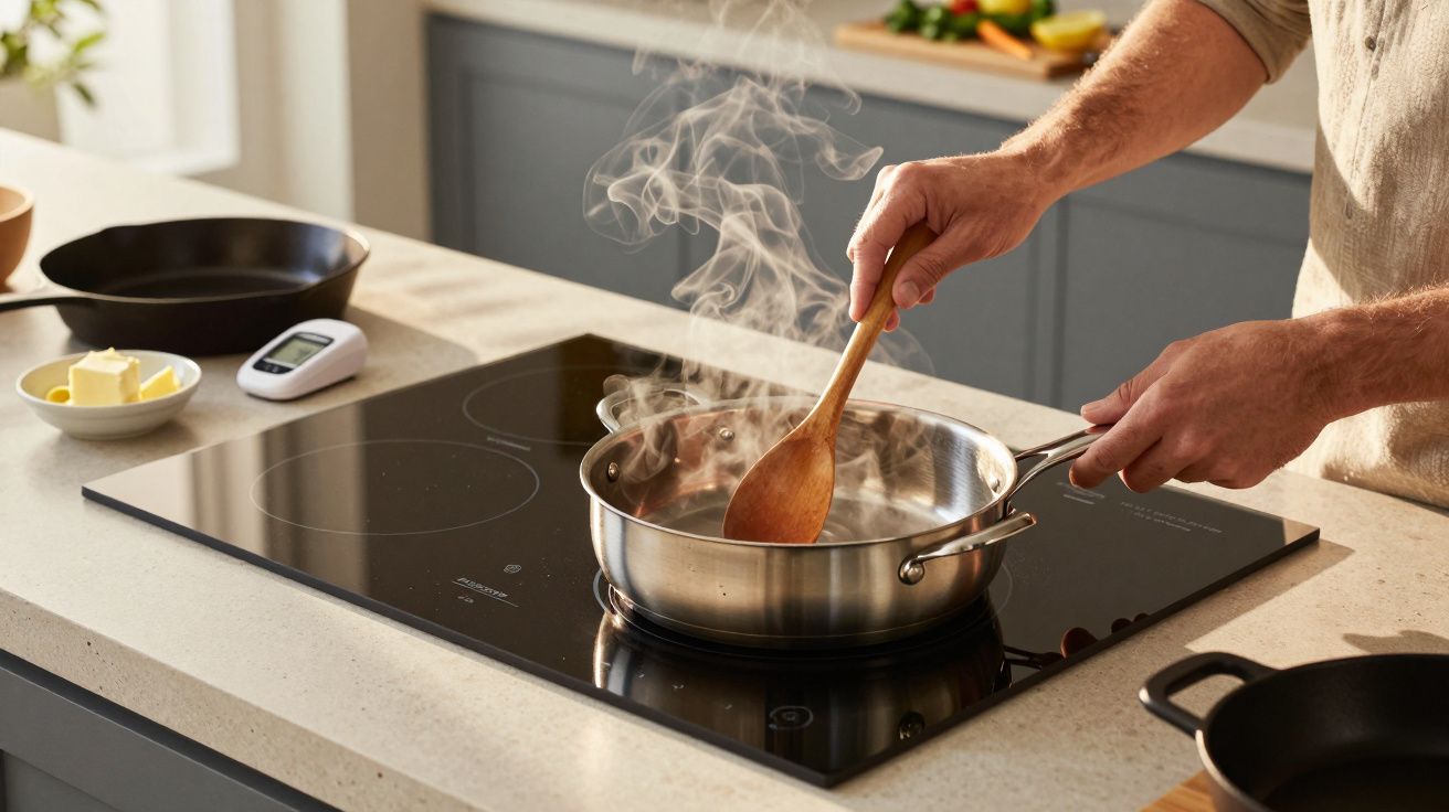 Pessoa cozinha em fogão de indução com colher de madeira, panela a fumegar e termómetro ao lado.