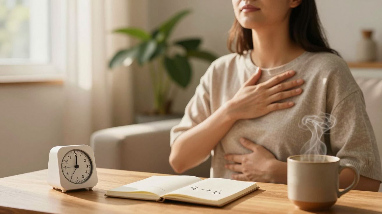 Mulher meditando na mesa com chá, relógio e caderno aberto.