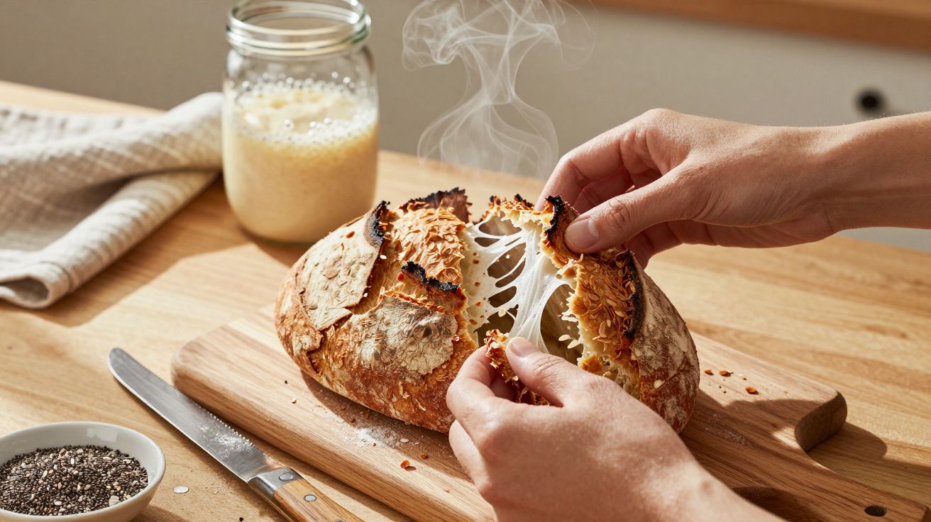Mãos a rasgar pão caseiro fresco, com vapor visível, numa tábua de madeira.