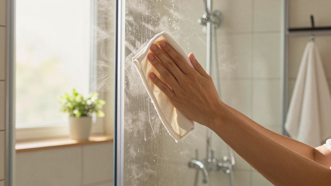 Mão limpando porta de vidro do chuveiro com um pano, planta em vaso ao fundo.