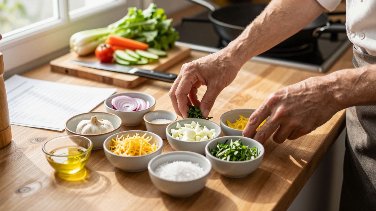 Pessoa a preparar ingredientes frescos para cozinhar, incluindo legumes e azeite, em bancada de cozinha iluminada pelo sol.