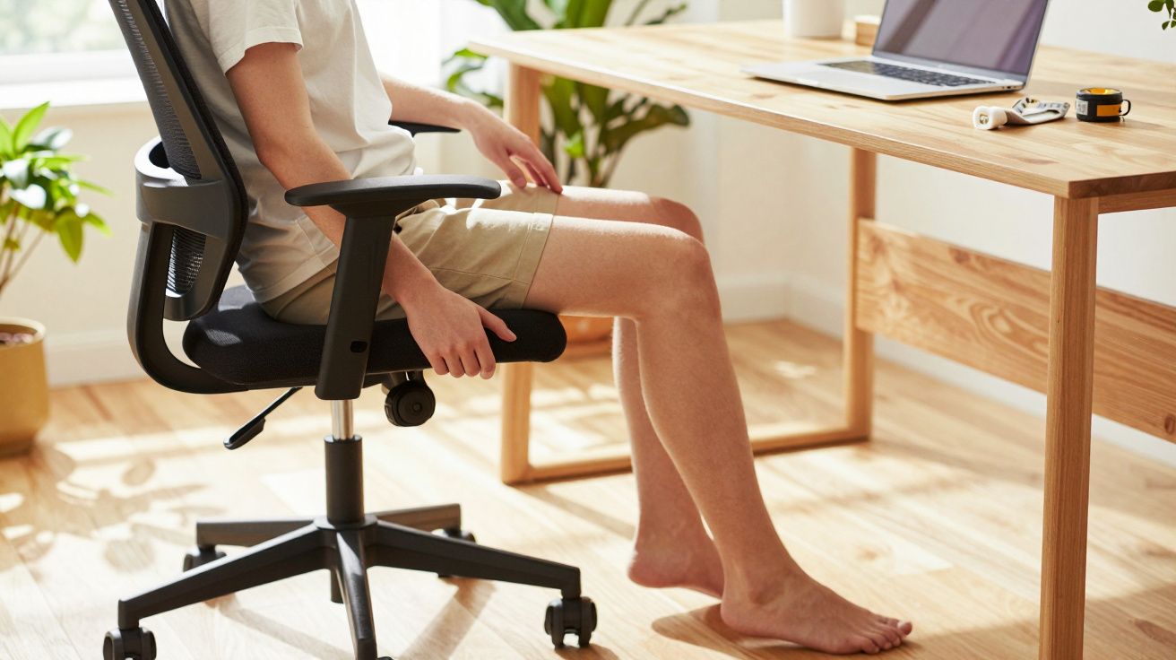 Pessoa sentada numa cadeira de escritório, à frente de uma secretária com um computador portátil.