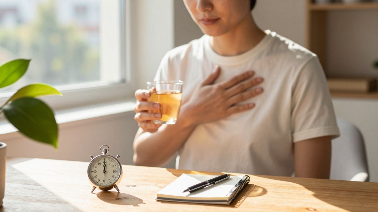 Pessoa com a mão no peito, segurando um copo de chá à mesa ao lado de um bloco de notas e um cronómetro.