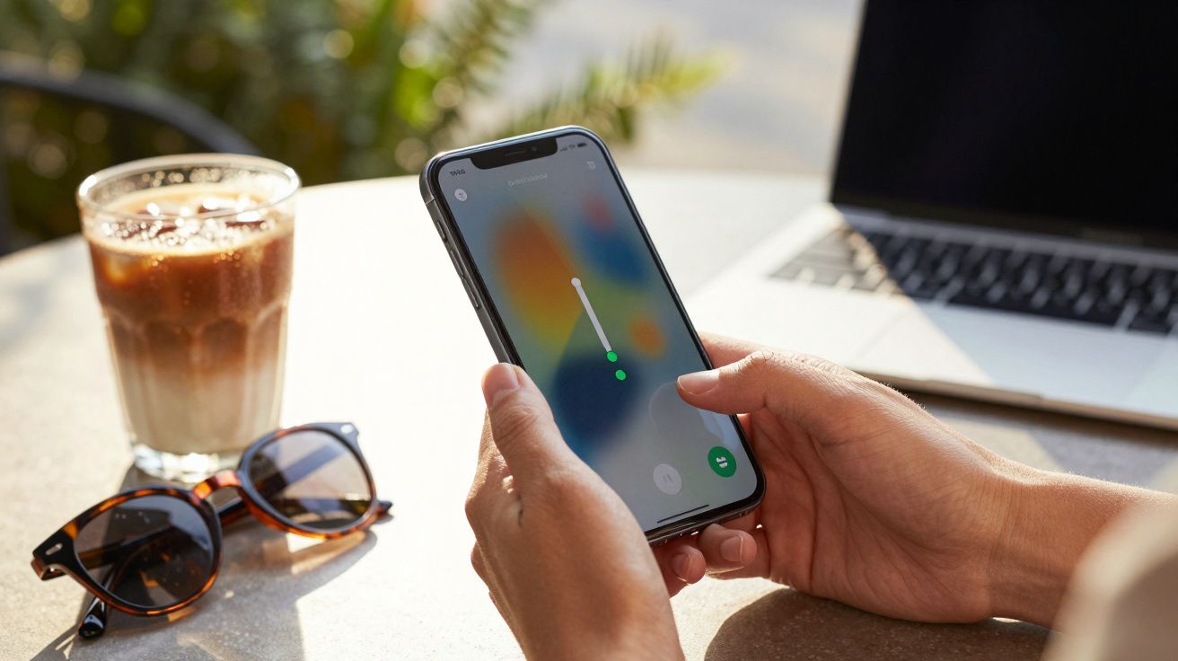 Pessoa ajusta volume no smartphone numa mesa com óculos, café e portátil.