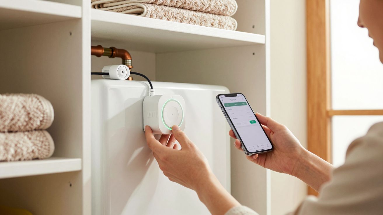 Pessoa ajusta dispositivo inteligente num cilindro de água enquanto consulta o telemóvel.