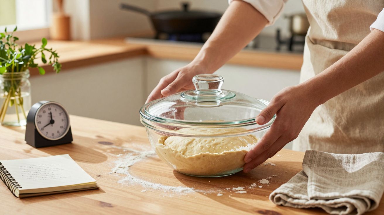 Pessoa a cobrir massa a levedar numa taça de vidro na cozinha, com caderno, pano e temporizador na bancada.