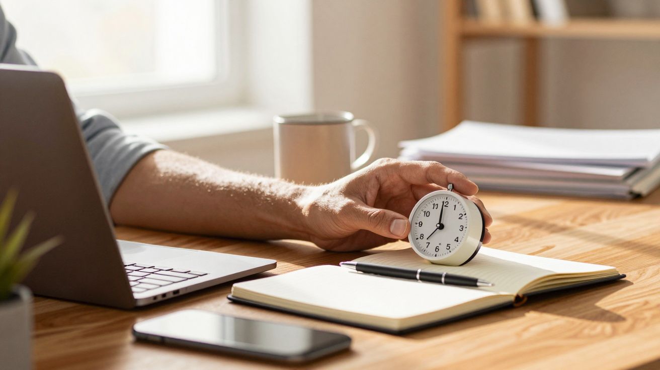 Mão segurando um pequeno relógio de mesa em um escritório com portátil, telemóvel, bloco de notas e chávena ao fundo.