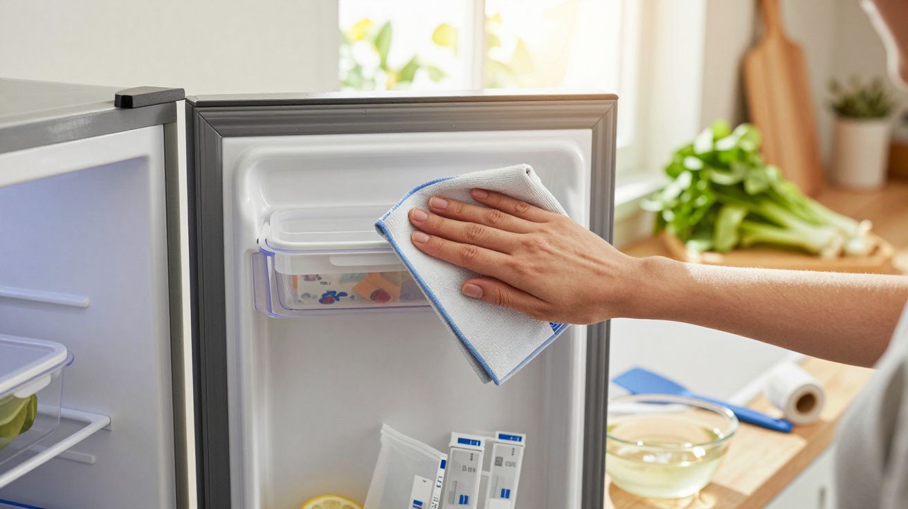 Pessoa a limpar o interior de um frigorífico com um pano na cozinha iluminada pelo sol.