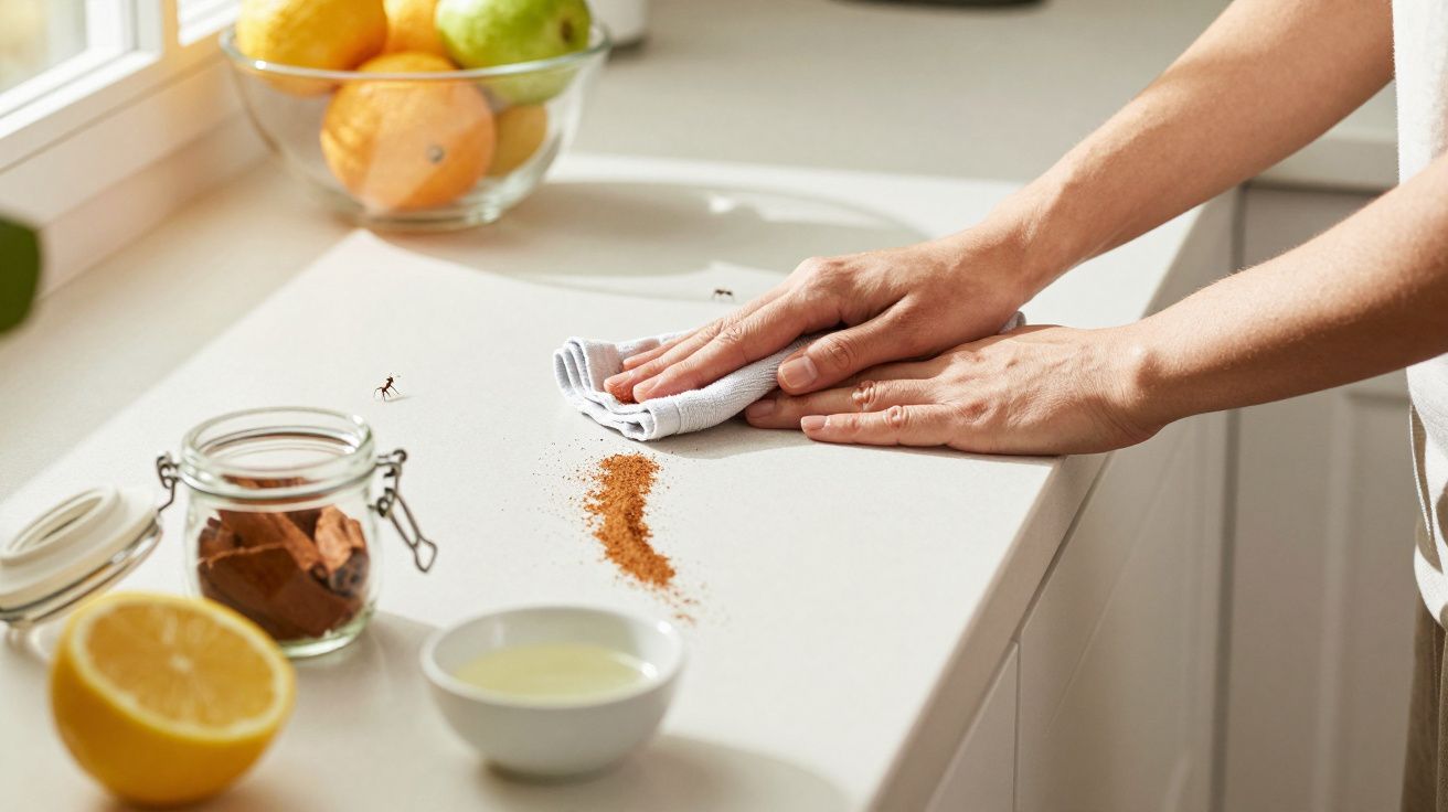 Mãos limpam bancada da cozinha com um pano, ao lado de especiarias, lima cortada e tigela. Frutas ao fundo.