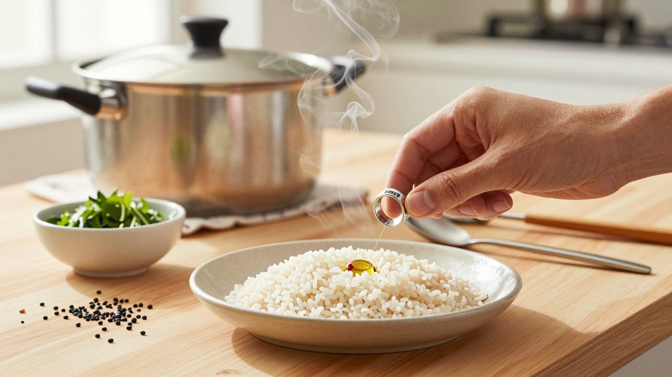 Mão segurando anel sobre prato de arroz cozido, com panela e ervas ao fundo, em cozinha iluminada.