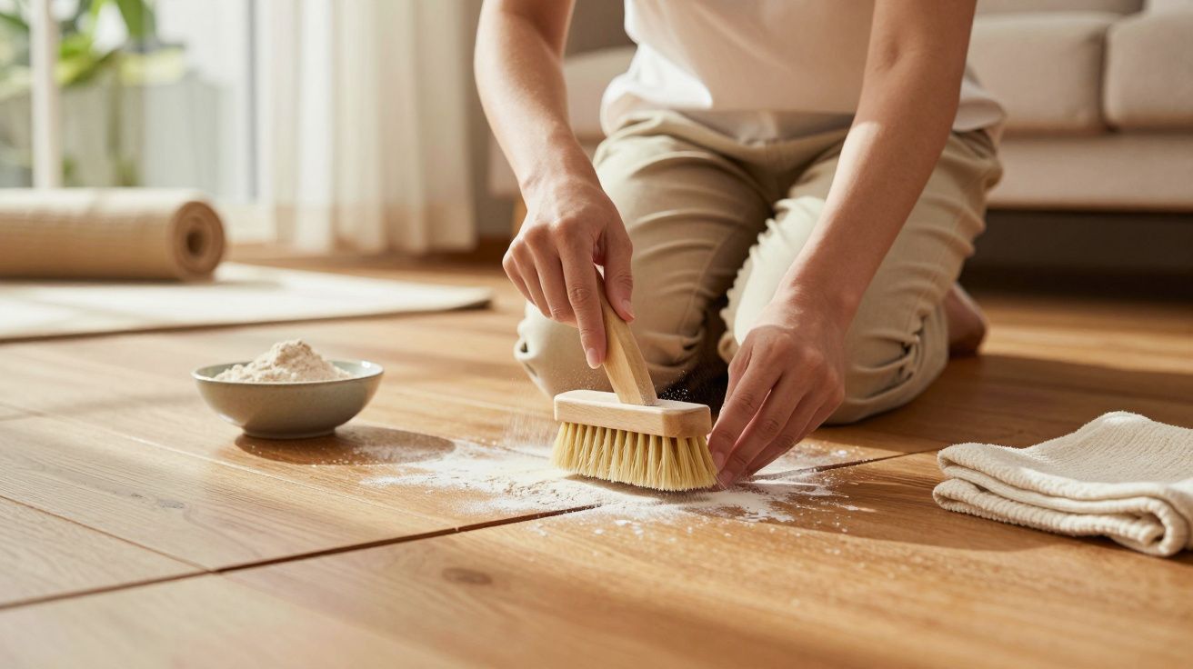 Pessoa a esfregar o chão de madeira com uma escova, rodeada de pó branco, pano e tigela.