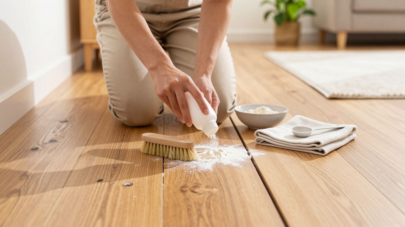Pessoa ajoelhada, polvilhando pó no chão de madeira para limpar, com escova, toalha e tigela ao lado.