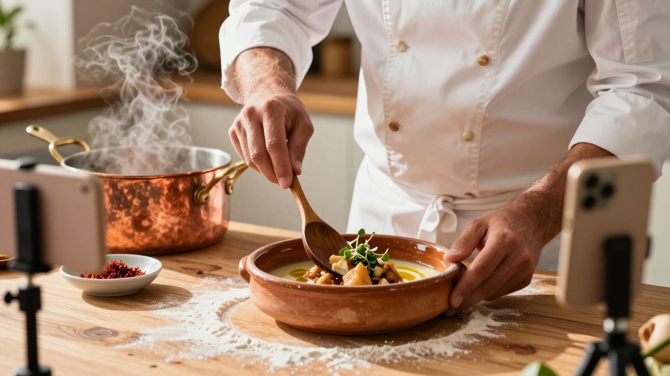 Chef a preparar prato de sopa numa cozinha com panelas fumegantes ao fundo e câmaras a gravar.