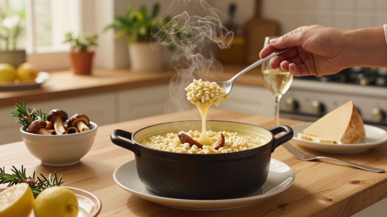 Mão segurando garfo com massa fumegante sobre panela preta em cozinha, queijo e cogumelos ao fundo.