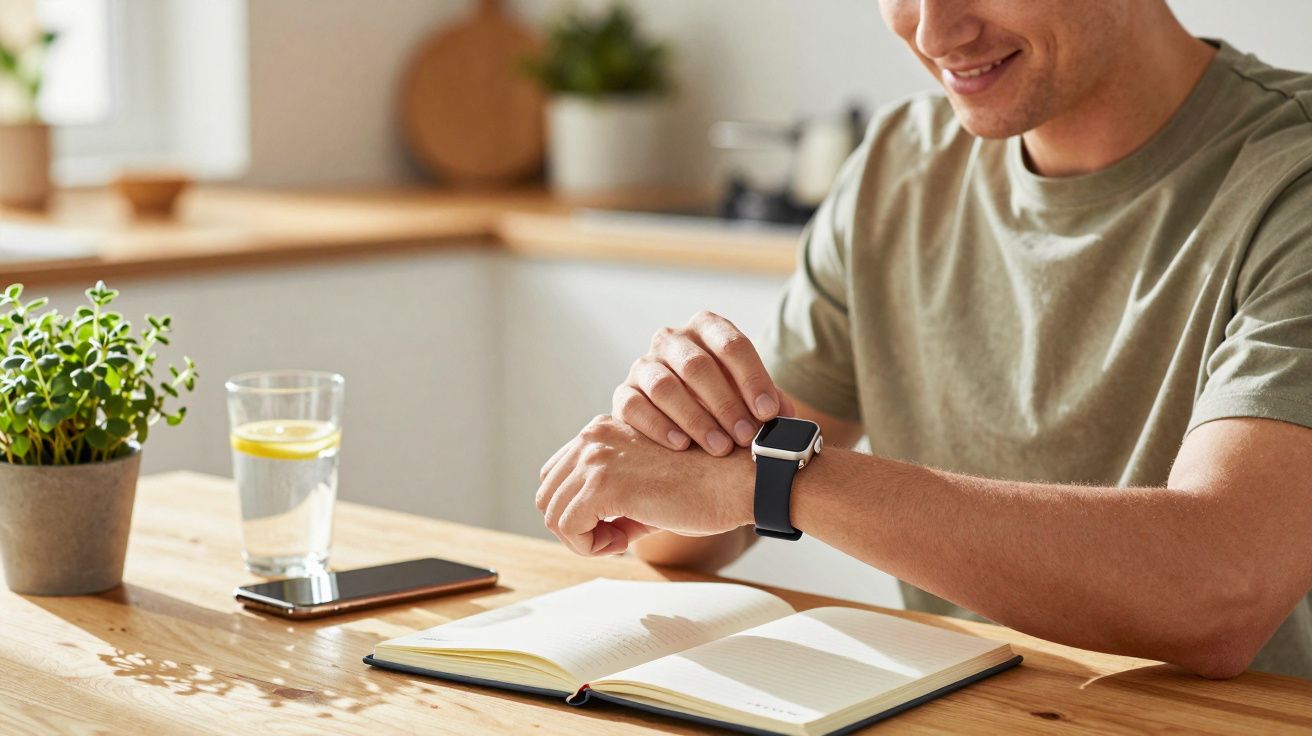 Homem sorridente verifica smartwatch à mesa com caderno, copo de água e planta. Ambiente acolhedor e iluminado.