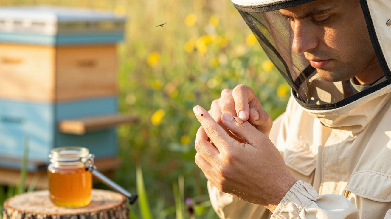 Apicultor examina a mão enquanto usa fato de proteção perto de colmeia, com um frasco de mel em tronco no campo.