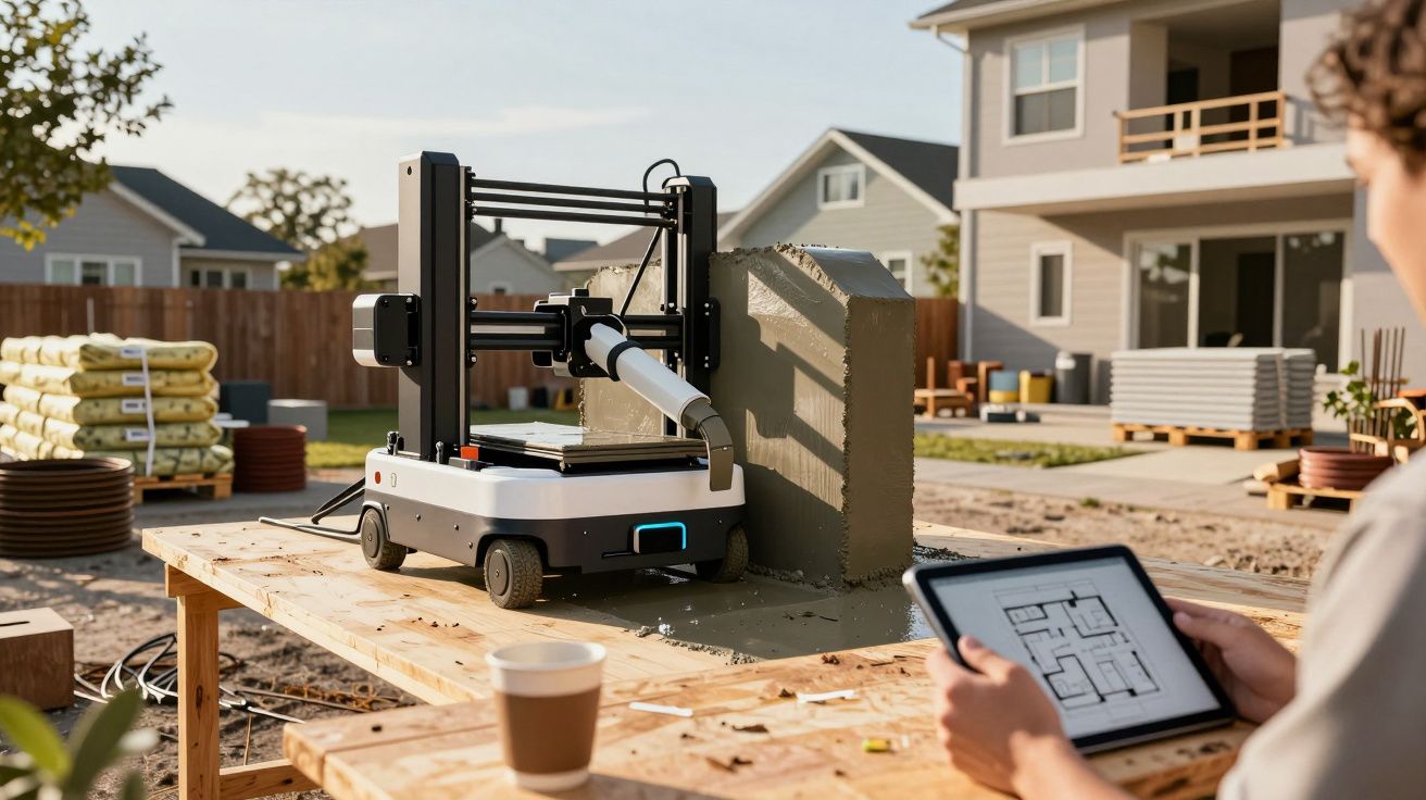 Impressora 3D a construir parede de cimento, pessoa a observar com tablet, casas em construção no fundo.