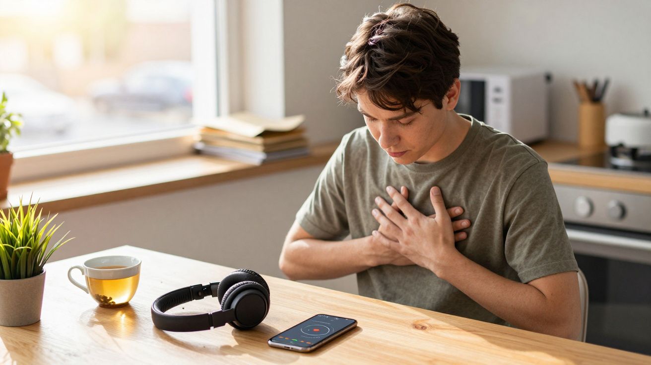 Homem em camiseta cinza, mãos no peito, sentado à mesa com chávenas, auscultadores e smartphone numa cozinha.
