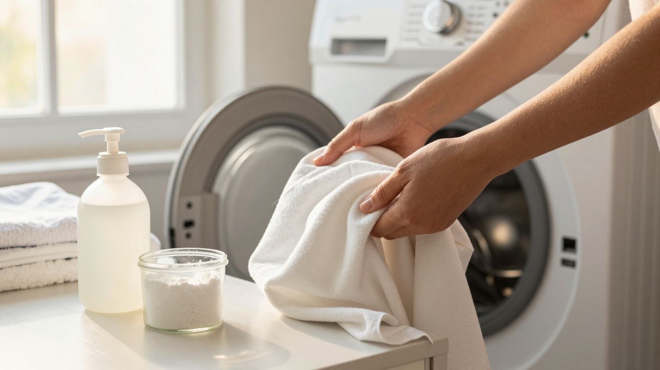 Pessoa prepara toalha branca para máquina de lavar, com detergente e amaciador ao lado.