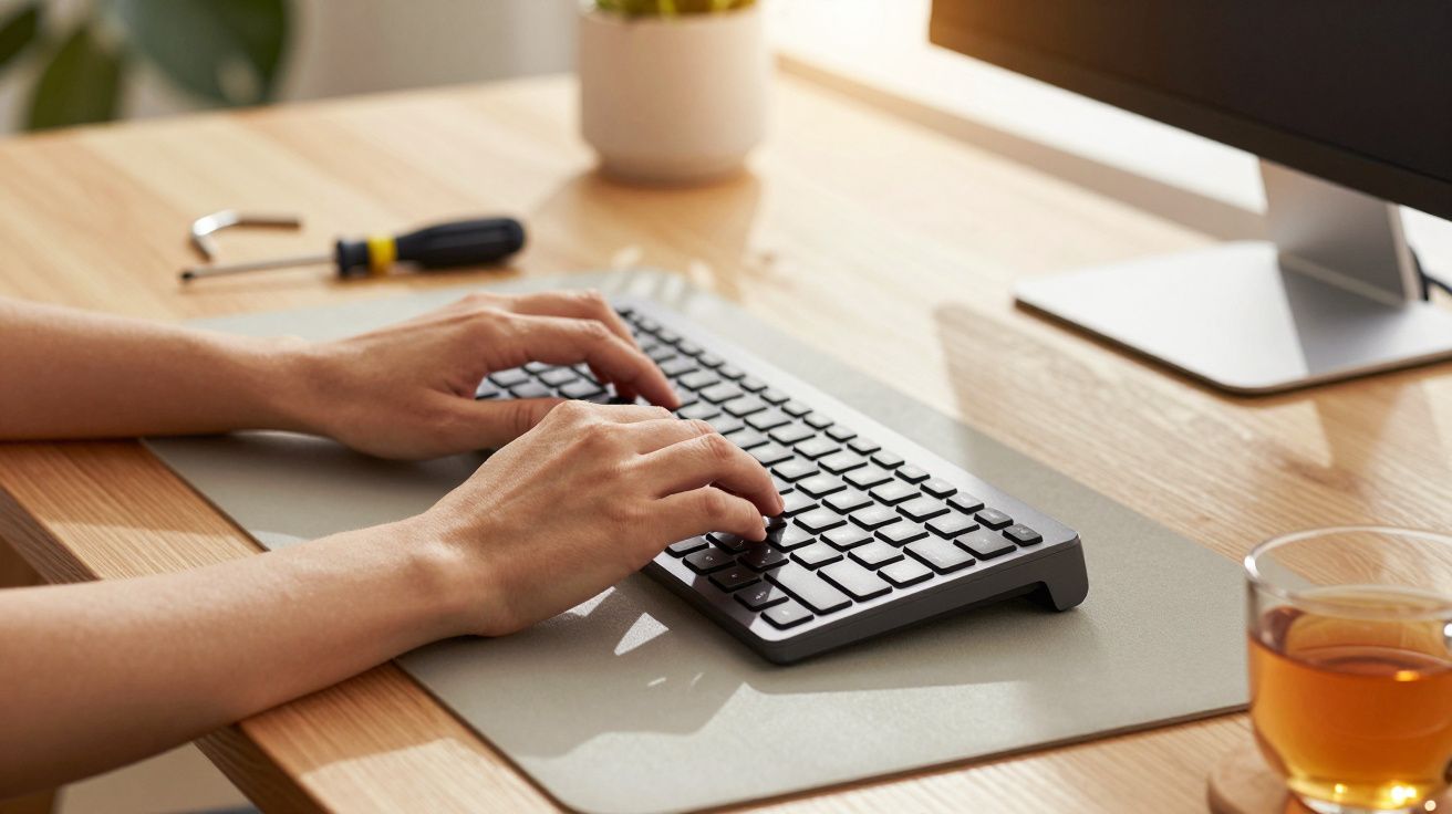 Mãos femininas a digitar num teclado num escritório, com um chá e ferramentas na mesa de madeira iluminada pelo sol.
