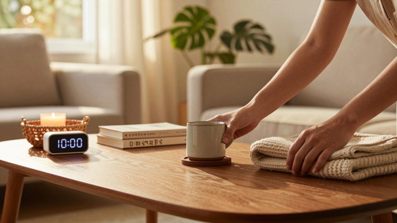 Mão pousa chávena num mesa de madeira com um relógio, livros e uma vela. Sala acolhedora ao fundo.