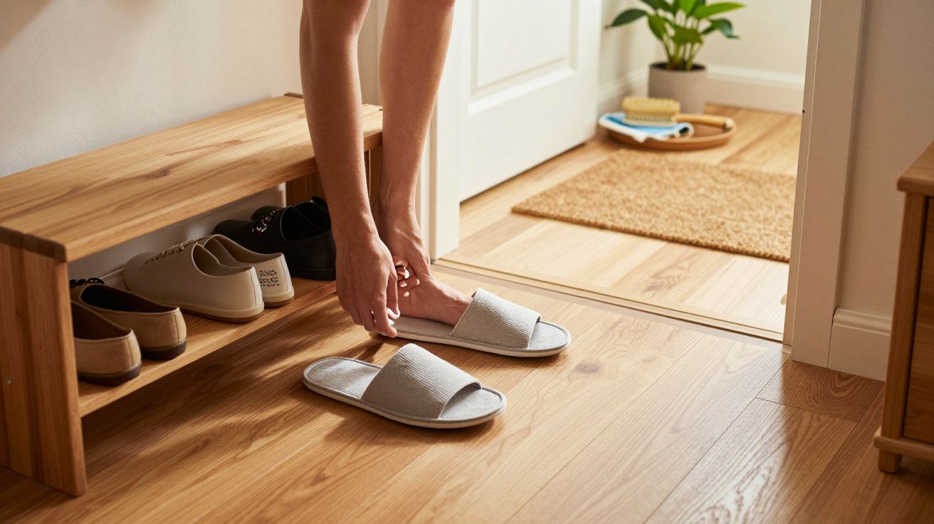 Pessoa calça chinelos cinzentos perto de um banco de sapatos em chão de madeira.
