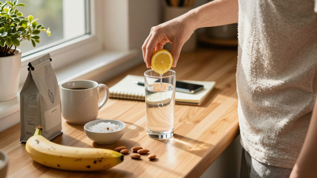 Pessoa espremendo limão num copo de água, rodeado por chávena, banana, amêndoas e notas sobre balcão de madeira.