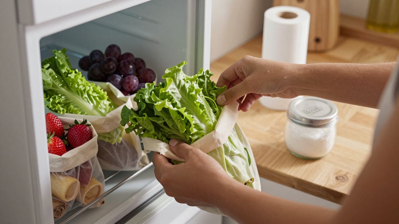 Pessoa guarda alface num frigorífico, ao lado de morangos e uvas, numa cozinha organizada com frascos e papel de cozinha.
